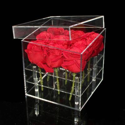 Caixa acrílica da flor de 9 furos com tampa, Rose Acrylic Box preservada quadrada