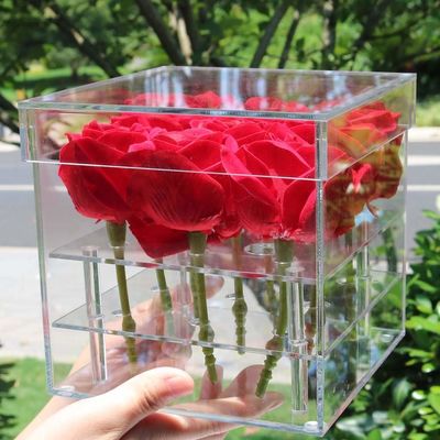 Caixa acrílica da flor de 9 furos com tampa, Rose Acrylic Box preservada quadrada